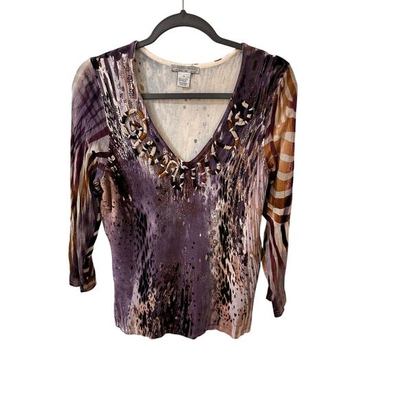 Alberto Makali Abstract Animal Print V-Neck Embroidered Knit Top, size M - Picture 1 of 4